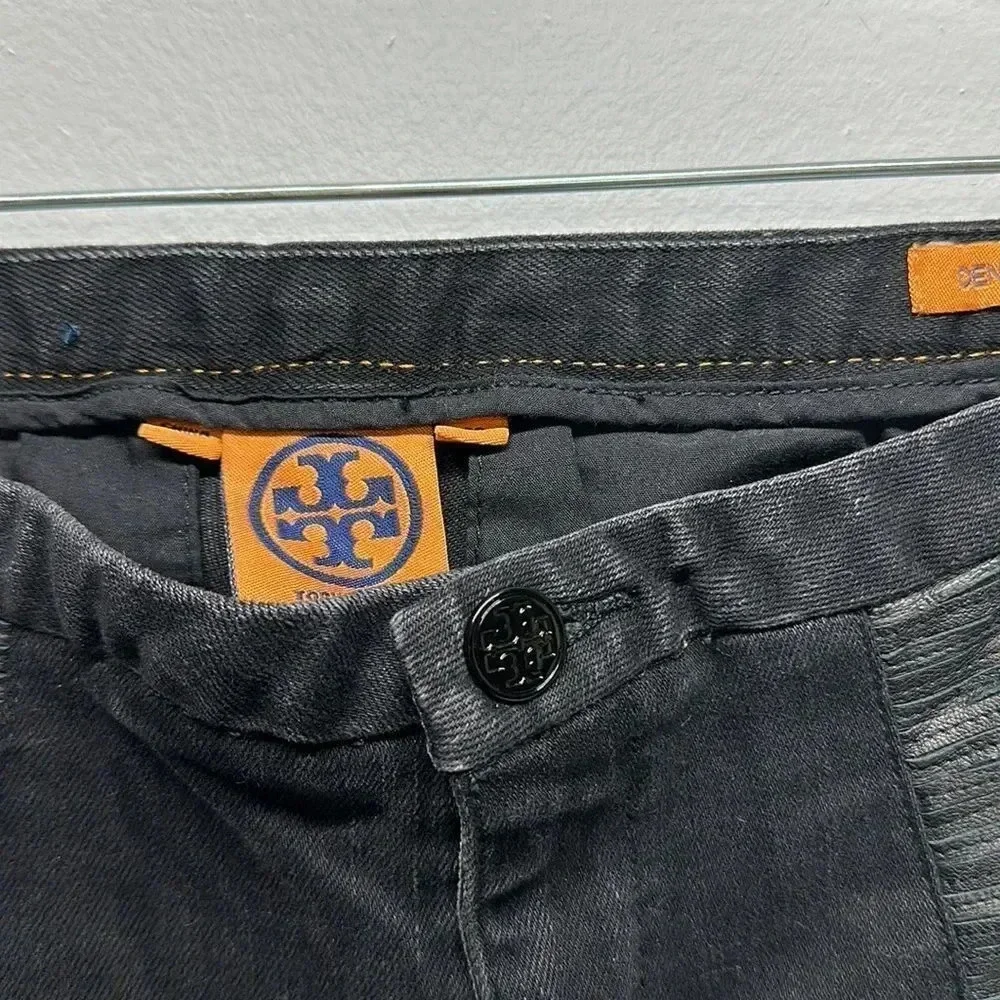 Tory Burch Denim Leggings Pants Jeans Low Rise Leather Trim Skinny Black Size 28